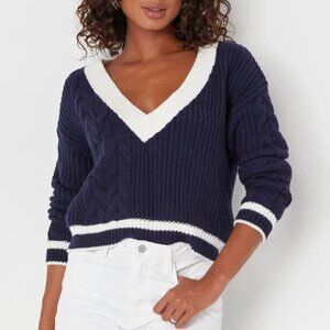 Lulu's Collegiate Charm Navy Blue and Ivory Pullover Varsity Sweater
